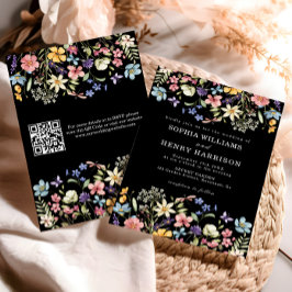 Invitación Código QR de Boda negro de flor silvestre de Moda 