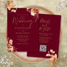 Código QR de boda otoñal en burgundy y dorado