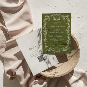 Invitación Código QR de boda retro jardín verde oliva floral