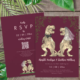 Invitación Código QR de Boda Rosa Rubor Borgoña Dinosaurio