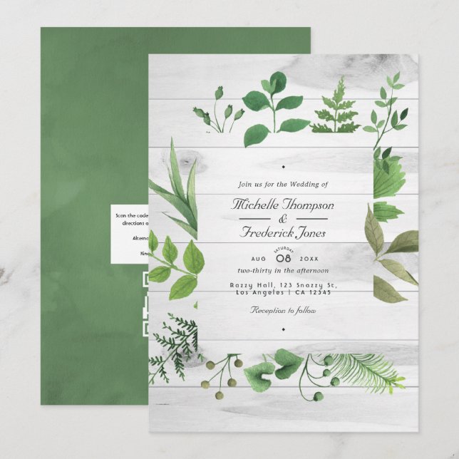 Invitación Código QR de boda rústica de bosque arbolado verde (Anverso / Reverso)