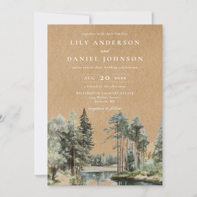 Invitación Código QR de boda rústica Kraft en bosque de lago (Anverso)