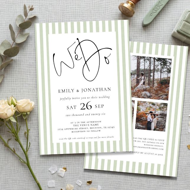 Invitación Código QR de Boda Sage Stripe We Do 3 Fotos (front and back view)