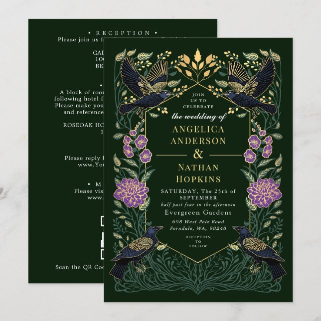 Invitación Código QR de Boda Snapdragon Cuervo Gótico Encanta (Anverso / Reverso)