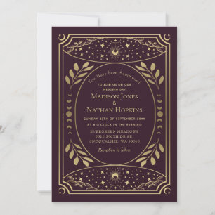 Invitación Código QR de Boda Tarot Gótico Vintage Borgoña Dor