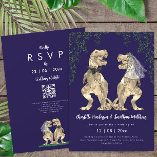 Invitación Código QR de boda tema dinosaurio azul marino