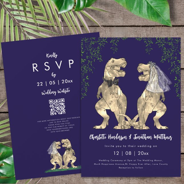 Invitación Código QR de boda tema dinosaurio azul marino (T-Rex bride and groom dinosaur wedding rsvp qr code navy blue Invitation)