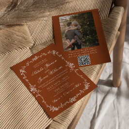 Invitación Código QR de Boda Terracota Floral Naranja Quemada