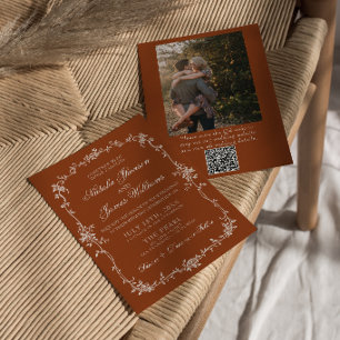 Invitación Código QR de Boda Terracota Floral Naranja Quemada