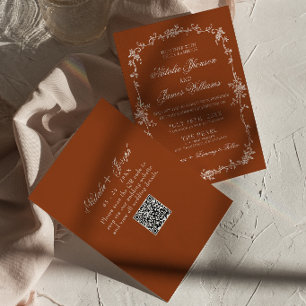 Invitación Código QR de Boda Terracota Floral Naranja Quemada