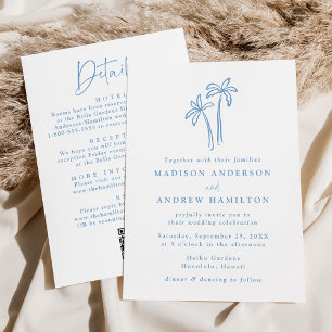 Invitación Código QR de Boda Todo en Uno con Palmeras Azules 