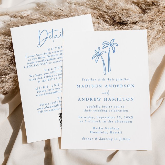Invitación Código QR de Boda Todo en Uno con Palmeras Azules  (Subido por el creador)