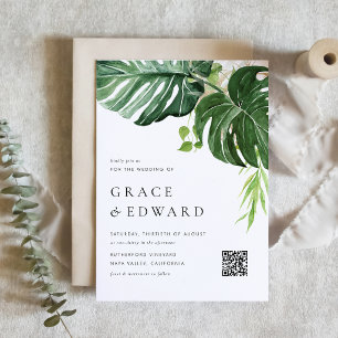 Invitación Código QR de Boda Tropical Monstera Acuarela