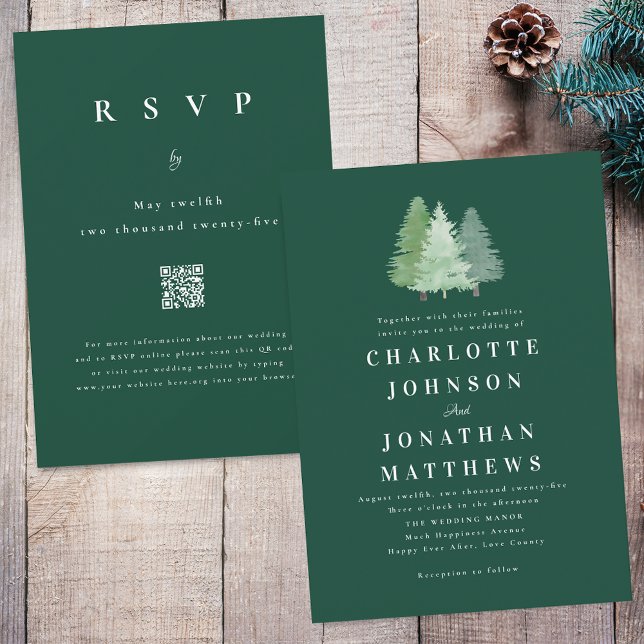 Invitación Código QR de Boda Verde de Bosque Forestal Simple (Simple modern woodland forest green wedding qr code invitation Watercolor evergreen pine fir trees)