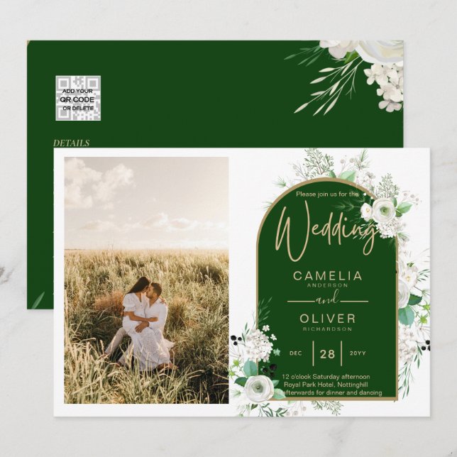 Invitación Código QR de Boda verde de rosas blancas todo en 1 (Anverso / Reverso)