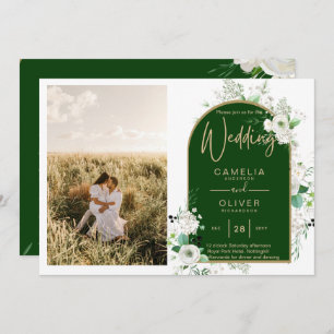 Invitación Código QR de Boda verde de rosas blancas todo en 1