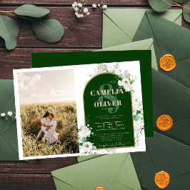 Invitación Código QR de Boda verde de rosas blancas todo en 1