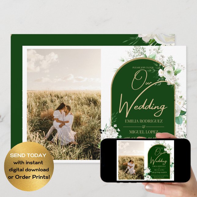 Invitación Código QR de Boda verde de rosas blancas todo en 1 (Subido por el creador)