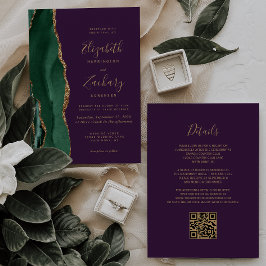 Invitación Código QR de Boda Verde Esmeralda Ágata Dorada Púr