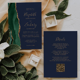 Invitación Código QR de Boda Verde Esmeralda Oro Ágata Azul M