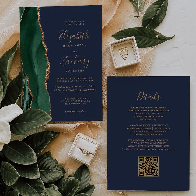Invitación Código QR de Boda Verde Esmeralda Oro Ágata Azul M (Subido por el creador)
