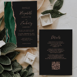 Invitación Código QR de Boda Verde Esmeralda Rosa Dorado Ágat