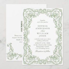 Invitación Código QR de boda verde sabio ornamentado del Rena