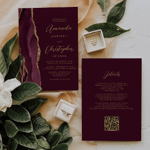 Invitación Código QR de Bodas con Ágata Burgundy Gold