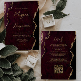 Invitación Código QR de Bodas con Letra de Ágata Rojo Borgoña