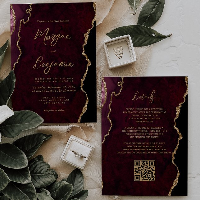 Invitación Código QR de Bodas con Letra de Ágata Rojo Borgoña (Subido por el creador)