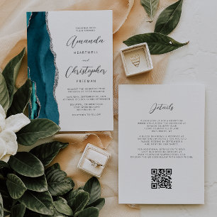 Invitación Código QR de Bodas de Agata Azul Teal Plateado