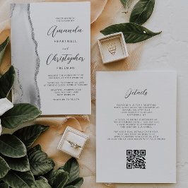 Invitación Código QR de Bodas de Ágata Gris Plateado