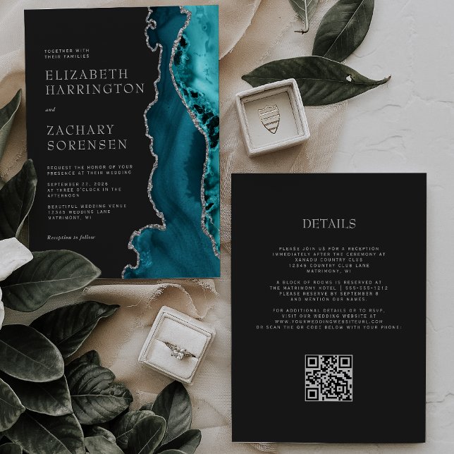 Invitación Código QR de Bodas de Ágata Plateada Azul Verde (Subido por el creador)