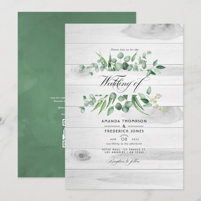 Invitación Código QR de Bodas de Campo con Verde de Eucalipto (Anverso / Reverso)