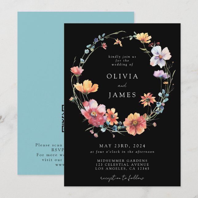 Invitación Código QR de Bodas de Flor Silvestre Negra (Anverso / Reverso)