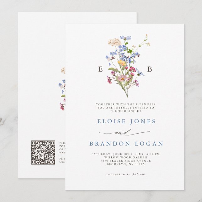 Invitación Código QR de Bodas de Jardín de Pradera de Flores  (Anverso / Reverso)