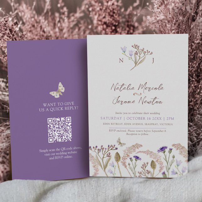 Invitación Código QR de bodas de otoño con pastos de flores s (Subido por el creador)