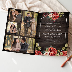 Invitación Código QR de Bodas de Rosas Rojas de Madera Rústic
