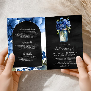 Invitación Código QR de Bodas Floral Azul Real en Tarro de Ma