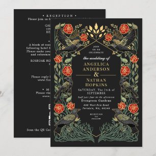 Invitación Código QR de bodas góticas de rosas de cuervo enca