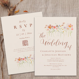 Invitación Código QR de Boho Fall Wildflower Beige Terracotta