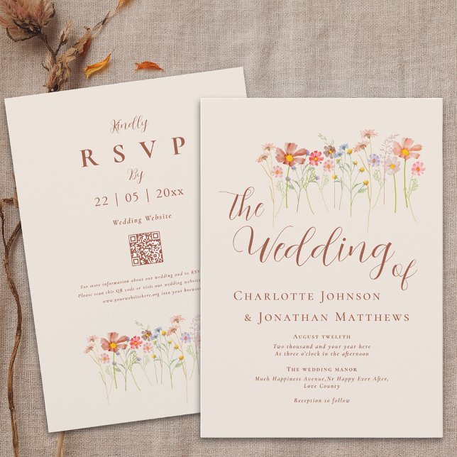 Invitación Código QR de Boho Fall Wildflower Beige Terracotta (Boho rustic wildflower floral beige terracotta wedding qr code invitation Watercolor meadow flowers)