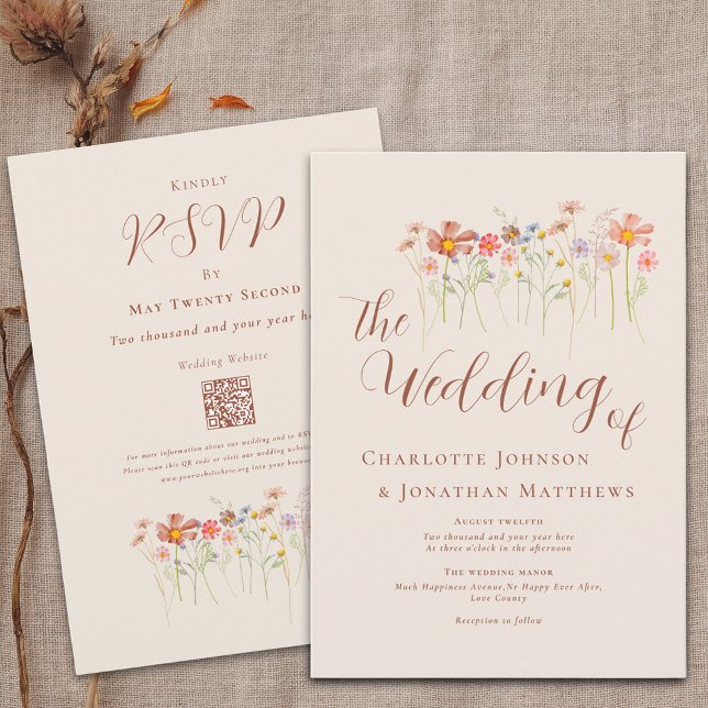 Invitación Código QR de Boho Fall Wildflower Beige Terracotta (Boho fall Wildflower floral beige & terracotta Wedding qr code invitation Watercolor meadow flowers)