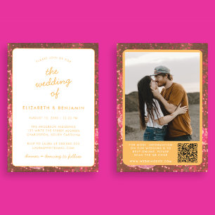 Invitación Código QR de Bola de Disco Foto Rosa Naranja Calie