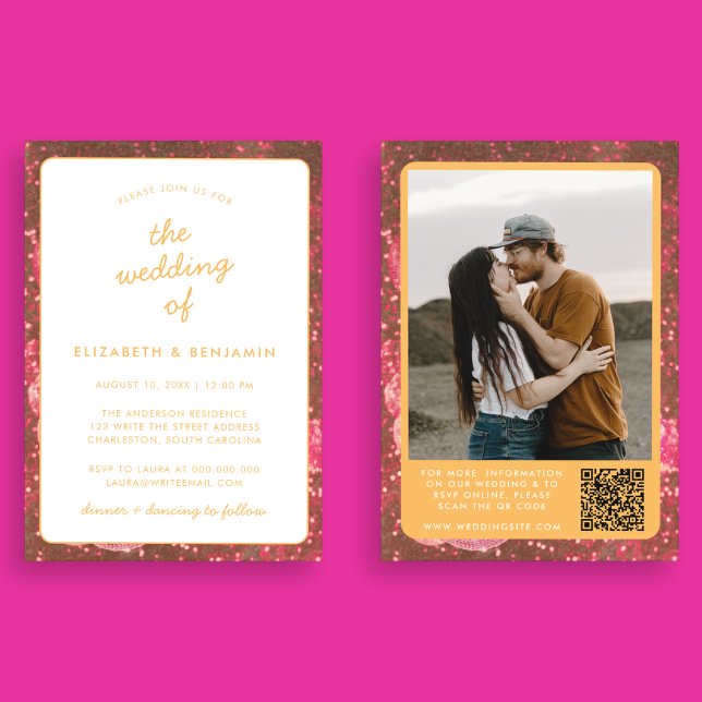 Invitación Código QR de Bola de Disco Foto Rosa Naranja Calie (Front and Back)