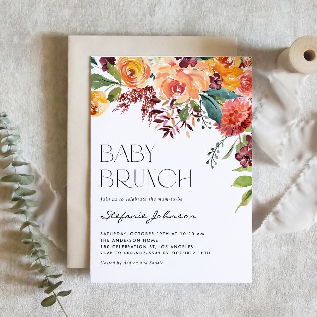 Invitación Código QR de Brunch de Otoño Floral Acuarela para  (A sweet autumn baby brunch is on the way! Floral baby brunch QR code invitation.)