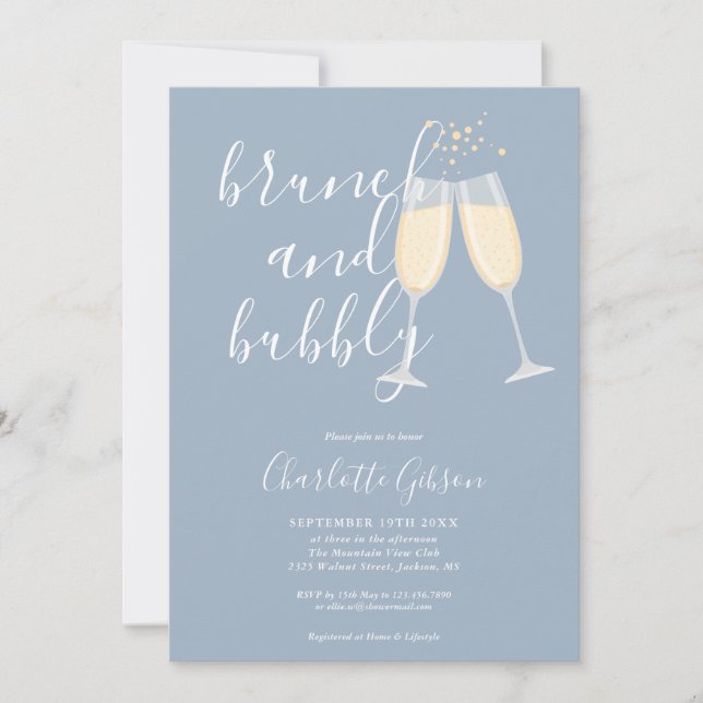 Invitación Código QR de Brunch y Bubbly Dusty Blue para Despe (Anverso)