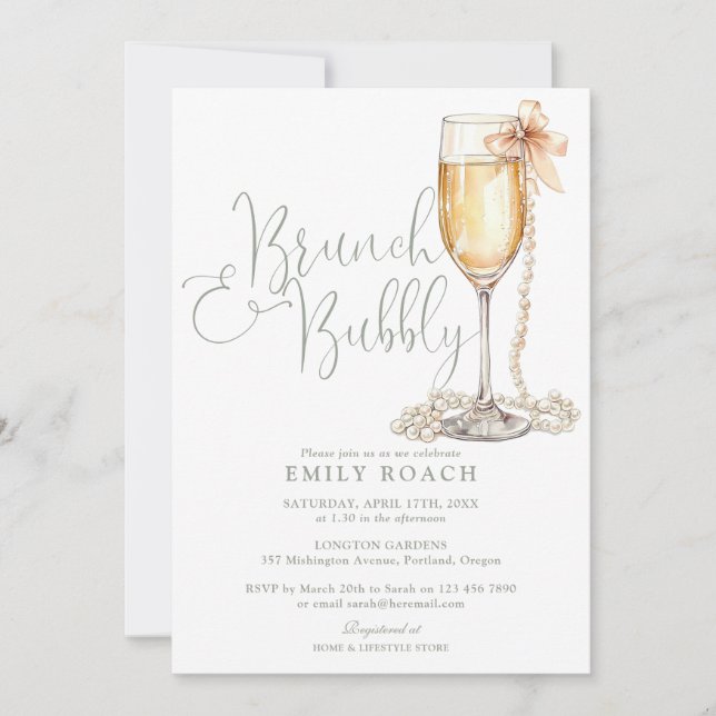 Invitación Código QR de Brunch y Bubbly Verde Salvia para Des (Anverso)