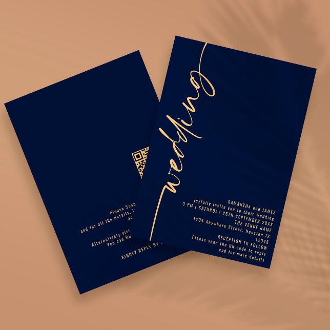 Invitación Código QR de Caligrafía Elegante Boda Dorado Azul  (Subido por el creador)