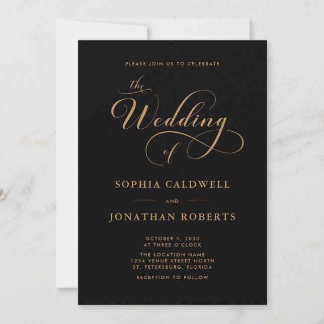Invitación Código QR de Caligrafía Negro Dorado Boda (Anverso)